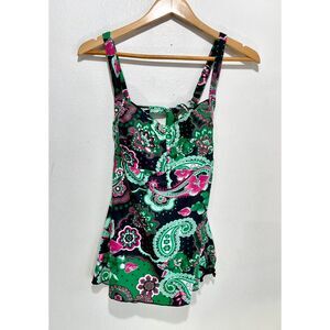 Septangle tankini flare babydoll extra support paisley green floral women 16 New